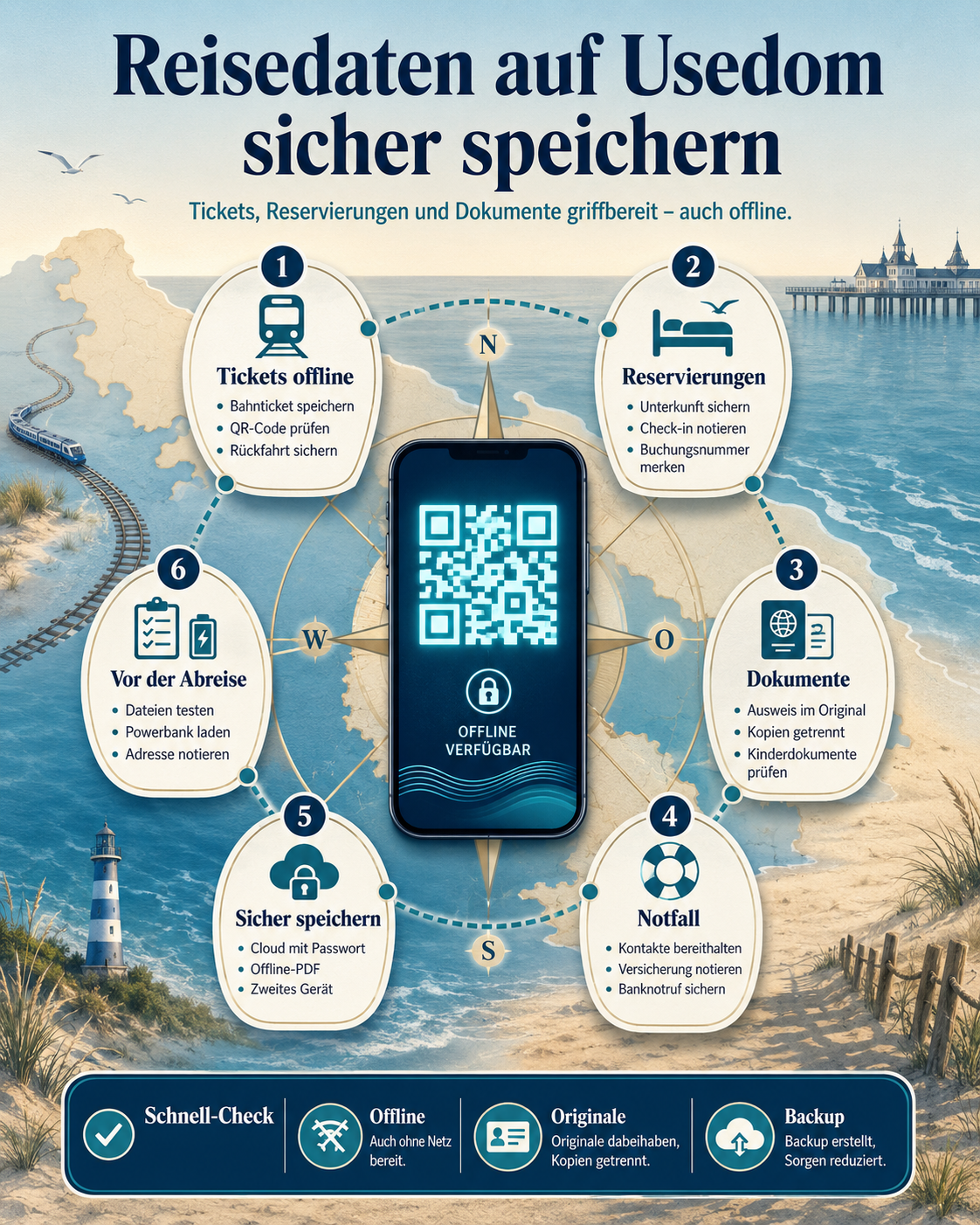 Smartphone mit QR-Code zum sicheren Speichern von Reisedaten auf Usedom